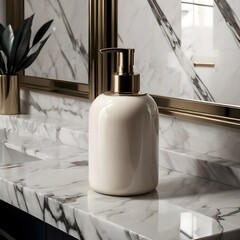 Hand wash bottle, on a cream marble countertop, in the luxurious bathroom, high end and classy style.
