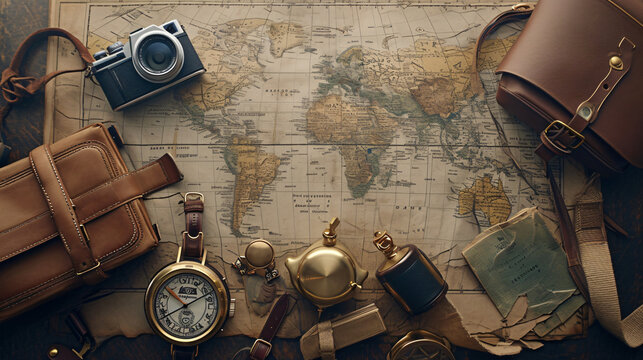 Flat lay of vintage travel items on an old map background.