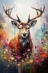 Artistic impasto style painting of a deer with antlers. Colorful animal wall print. 
