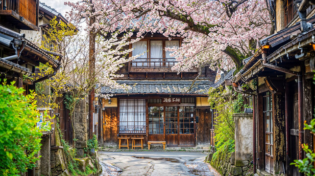 A house on a cherry blossom street in Japan