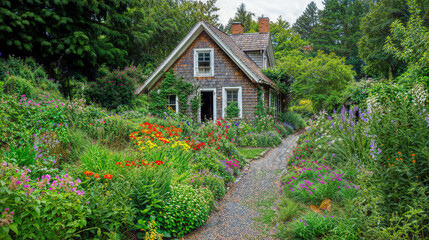 House in beautiful flowers garden