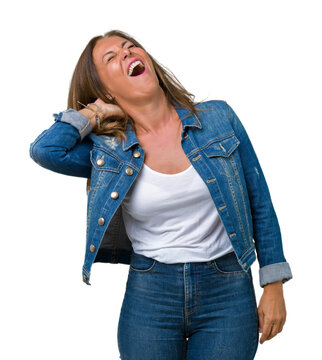 Beautiful middle age woman wearing casual denim jacket over isolated background Suffering of neck ache injury, touching neck with hand, muscular pain