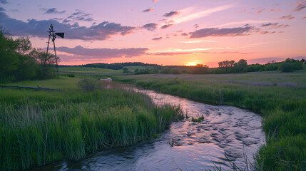 Fototapeta na wymiar Rural sunset landscape with a winding river and an old windmill.