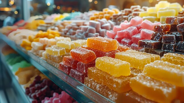 Colorful candies on the counter of a candy shop in Istanbul