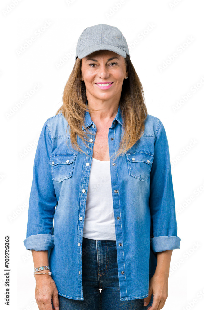 Canvas Prints Beautiful middle age woman wearing sport cap over isolated background with a happy and cool smile on face. Lucky person.