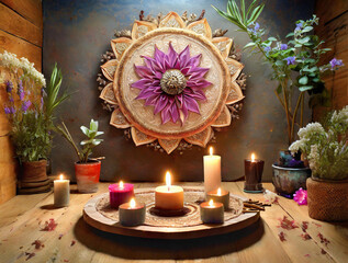 Sacred Mandala: Tranquil still life adorned with candles, fragrant incense sticks still life, creating a serene ambiance for spiritual practices like yoga or meditation.