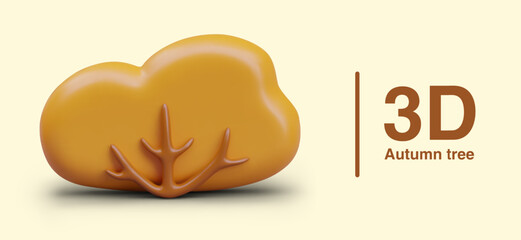 Little autumn tree, front view. 3D illustration for creative seasonal web design. Cute plant element for decoration of autumn sales, promotions, advertising templates