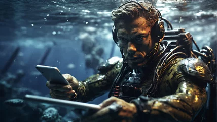 Foto op Plexiglas cyborg soldier fighting in underwater in ocean zone using weapon underwater conquer the seas with battleships, warships, and frigates in an epic battle of the oceans © Monmeo