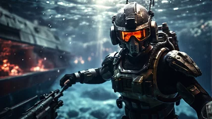 Fotobehang cyborg soldier fighting in underwater in ocean zone using weapon underwater conquer the seas with battleships, warships, and frigates in an epic battle of the oceans © Monmeo
