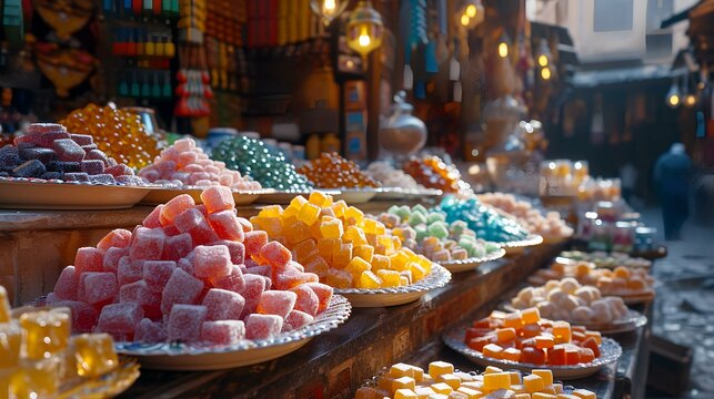 Colorful candies on display in a shop window of a candy store