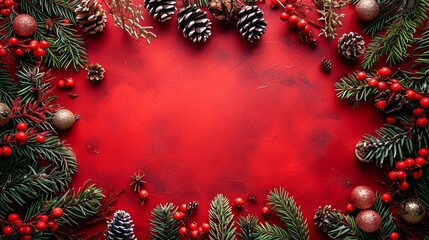 Fototapeta na wymiar Christmas background with fir tree branches, red berries, cones and balls on red background
