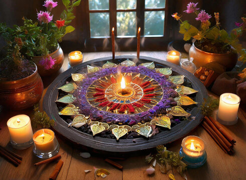 Sacred Mandala: Tranquil still life adorned with candles, fragrant incense sticks still life, creating a serene ambiance for spiritual practices like yoga or meditation.