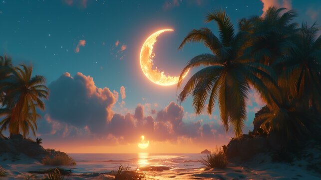 moon and palm trees on the beach at night 3d render illustration