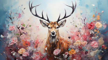 Artistic impasto style painting of a deer with antlers. Colorful animal wall print. 

