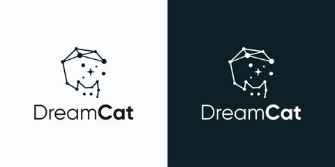 Constellation vector logo design with cat shaped diagonal lines - obrazy, fototapety, plakaty