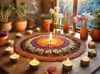 Sacred Mandala: Tranquil still life adorned with candles, fragrant incense sticks still life, creating a serene ambiance for spiritual practices like yoga or meditation.