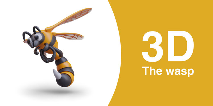 Realistic wasp flying on white background with yellow elements. Cartoon bug design. Cartoon realistic wasp. Vector illustration in 3d style with place for text