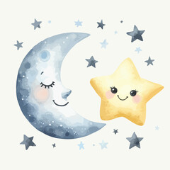 Watercolor illustration set of nursery elements cute moon and star.