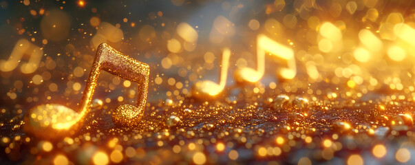 Golden burning musical notes on the dark background. Musical banner