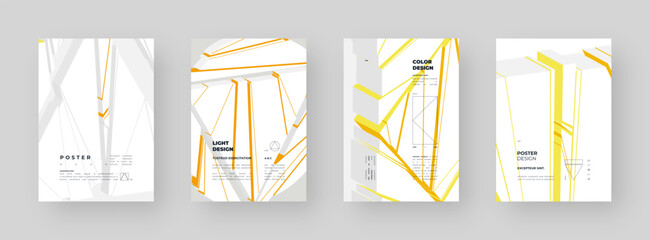 Abstract placard set, poster, flyer, banner, blank, document. Colorful illustration on vertical A4 format. Broken form. Cracked figure. 3d iceberg shapes composition.