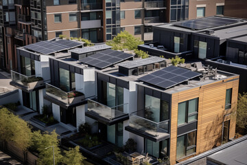 Solar panel equipped buildings reflecting urban sustainability and modern design