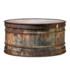 front view close up of old and broken Distressed Metal Drum coffee table isolated on a white transparent background 