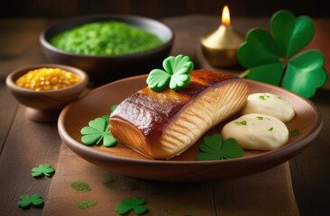 St. Patrick's Day concept. A piece of fish steak on a wooden plate with a decoration of green clover leaves.