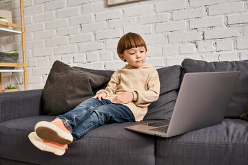 adorable cute little boy in cozy homewear sitting on sofa and looking at laptop attentively