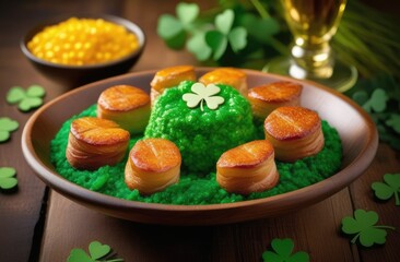 St. Patrick's Day concept. Shepherd's pie on a wooden plate with shamrock decoration, green clover leaves. Holiday dinner.