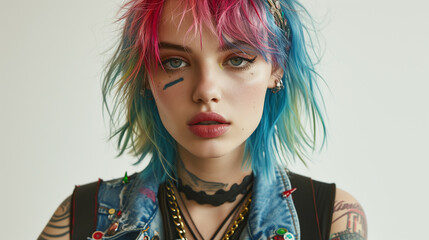 A young millennial punker with colourful hair expressing her distinct individuality and punk aesthetic.