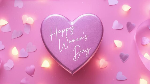 Happy Women's day motion text glow on pink heart with paper hearts and backlighting in cozy warm color. High quality 4k motion graphics