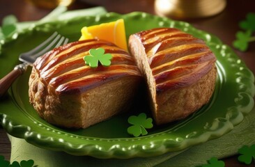 St. Patrick's Day concept. Two meat steaks on a green plate. Decoration of green clover leaves. Irish tradition.