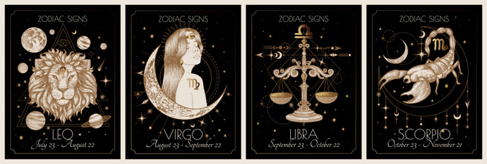 Vector set of the 4 second zodiac signs. Gold on a black background. Leo, Virgo, Libra, Scorpio