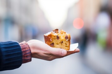hand holding a slice of panettone, blurred background