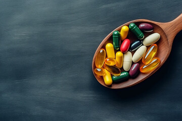 top view of antioxidants vitamin pills drug capsule generative AI