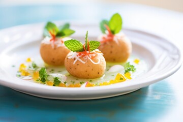close-up of pani puri on a plate with mint leaves - obrazy, fototapety, plakaty
