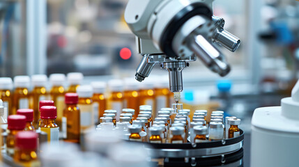 Robotic arm in a pharmaceutical lab handling vials.