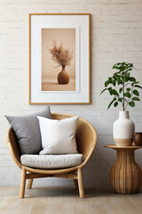 Immerse yourself in the free-spirited vibe of a boho interior design in a modern living room, featuring a wicker chair, floor vases, and a blank mockup poster frame against a clean white wall. 