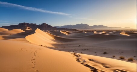 A scene of elegant desert dunes illuminated gracefully by the first light of sunrise, casting refined shadows on the sands - Generative AI