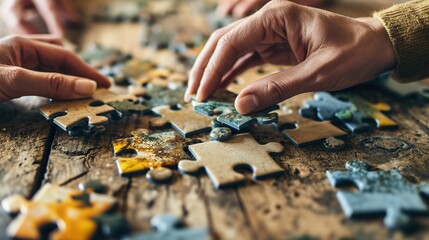 businesspeople assembling the jigsaw puzzle, teamwork, business.
