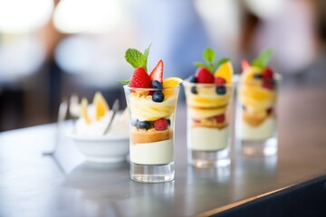 mini parfaits in small glasses for catering - obrazy, fototapety, plakaty