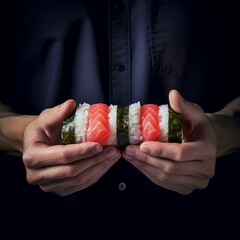 person holding sushi 