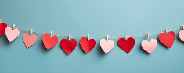 A handmade garland of red paper hearts on a blue background. Valentine's Day, birthday, wedding, anniversary, party concept banner with copy space. Children's paper crafts with parents. - obrazy, fototapety, plakaty