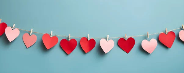Foto op Plexiglas A handmade garland of red paper hearts on a blue background. Valentine's Day, birthday, wedding, anniversary, party concept banner with copy space. Children's paper crafts with parents. © Irina