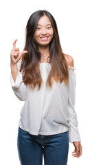 Young asian woman over isolated background smiling and confident gesturing with hand doing size sign with fingers while looking and the camera. Measure concept.