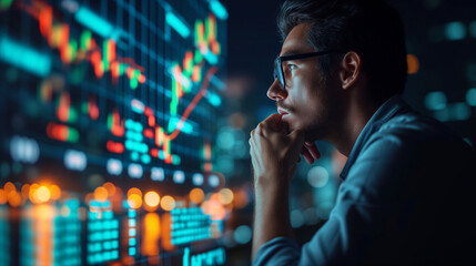Obraz premium Explore the stock market trends with analytical visuals of businessman planning long term investments and future business growth, Navigate towards success with smart strategies.