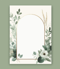 Wedding card template with elegant greenery botanical leaf, flowers and branch.