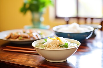 fresh rice noodles next to a bowl of pho
