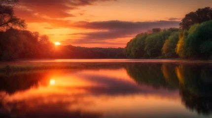 Foto op Canvas River and Lake Sunset and Sunrise with Sky, Water, Trees, and Clouds © Gohgah