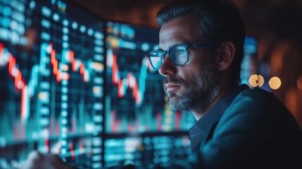 Explore the stock market trends with analytical visuals of businessman planning long term investments and future business growth, Navigate towards success with smart strategies. - obrazy, fototapety, plakaty